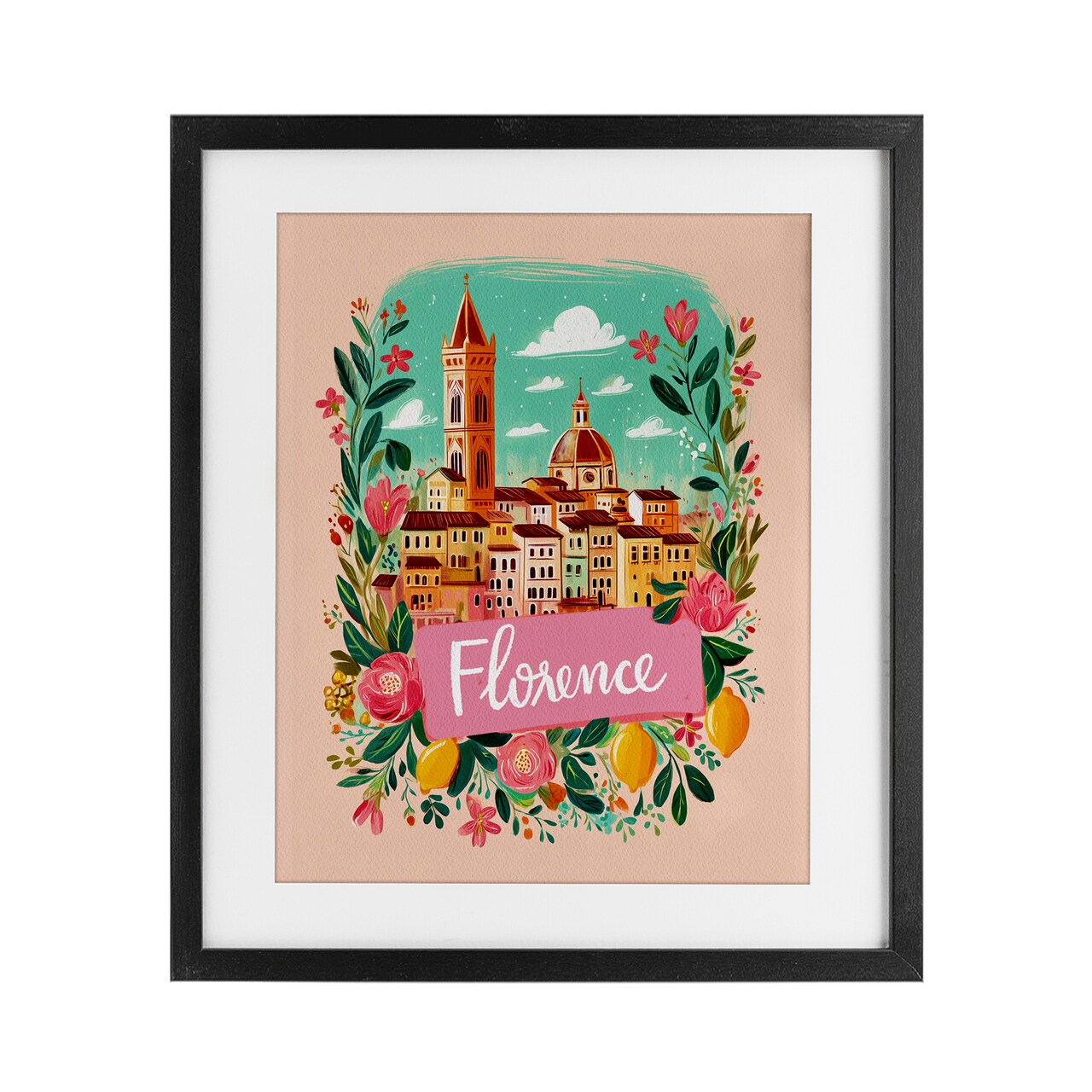 Stupell Industries Floral Bordered Florence Framed Print Under Glass, design by Yen